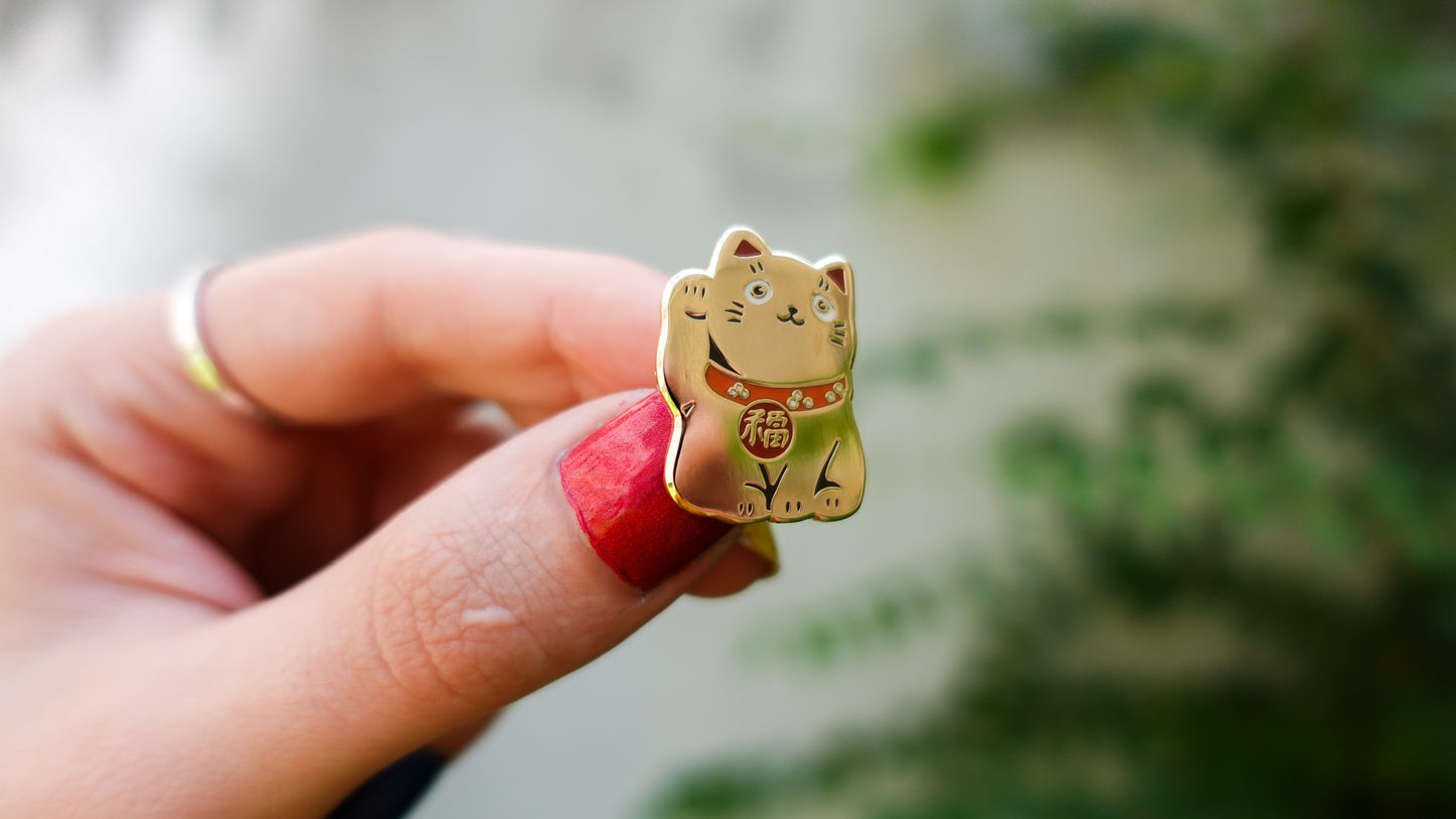 Lucky Cat Enamel Pin – Gold, Rose-Gold, Silver, Black