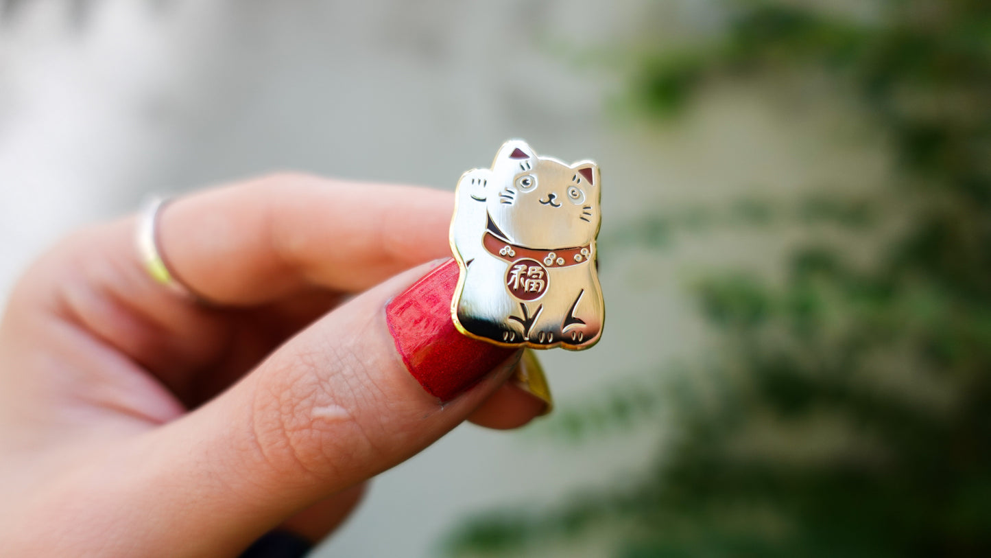 Lucky Cat Enamel Pin – Gold, Rose-Gold, Silver, Black